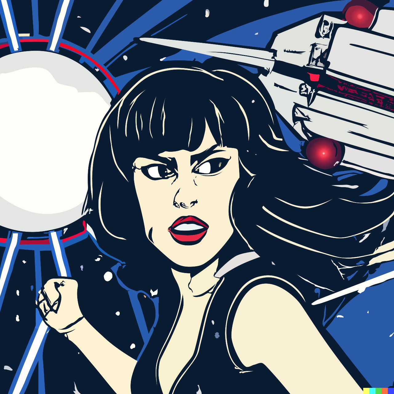 SPACE HEROINE / heroine with dark hair fighting in space satellites in the back, comic style