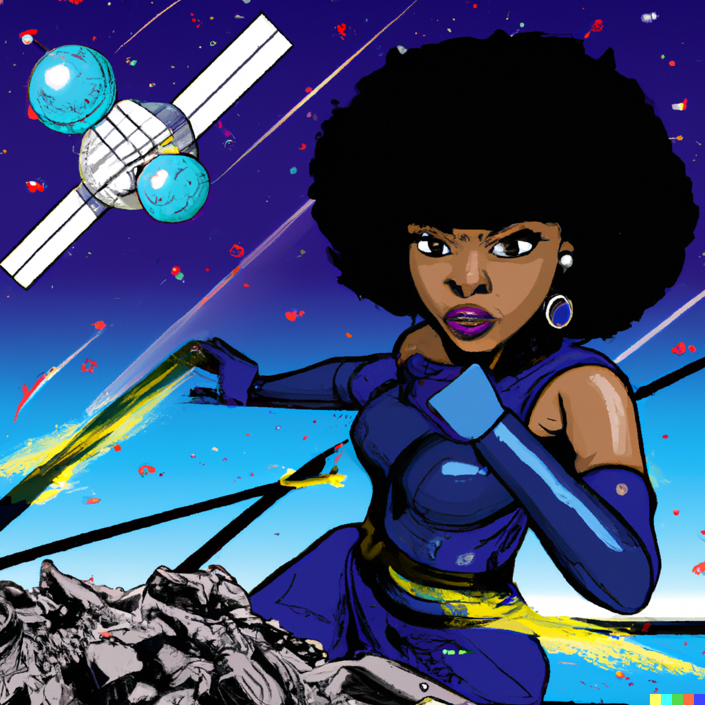 SPACE HEROINES, Black heroine fighting space debris, satellites in the background, comic style