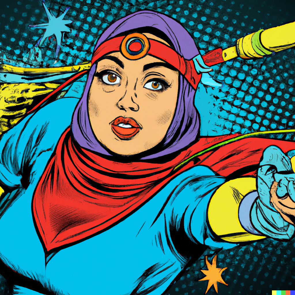 SPACE HEROINES, Muslim heroine with a headscarf fighting space debris, comic style