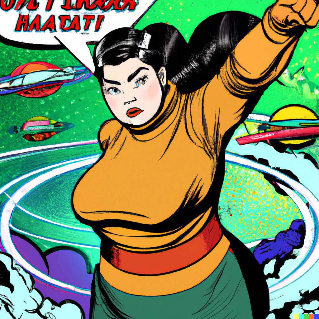 SPACE HEROINES, Asian plus size heroine wearing a turtle neck fighting villains and orbital debris satellites in the back, comic style