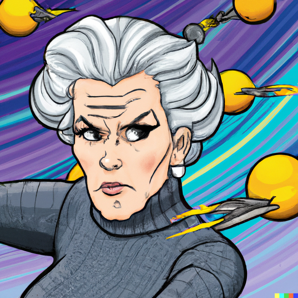 SPACE HEROINES, Heroine with grey hair wearing a turtle neck fighting orbital debris, satellites in the back, comic style