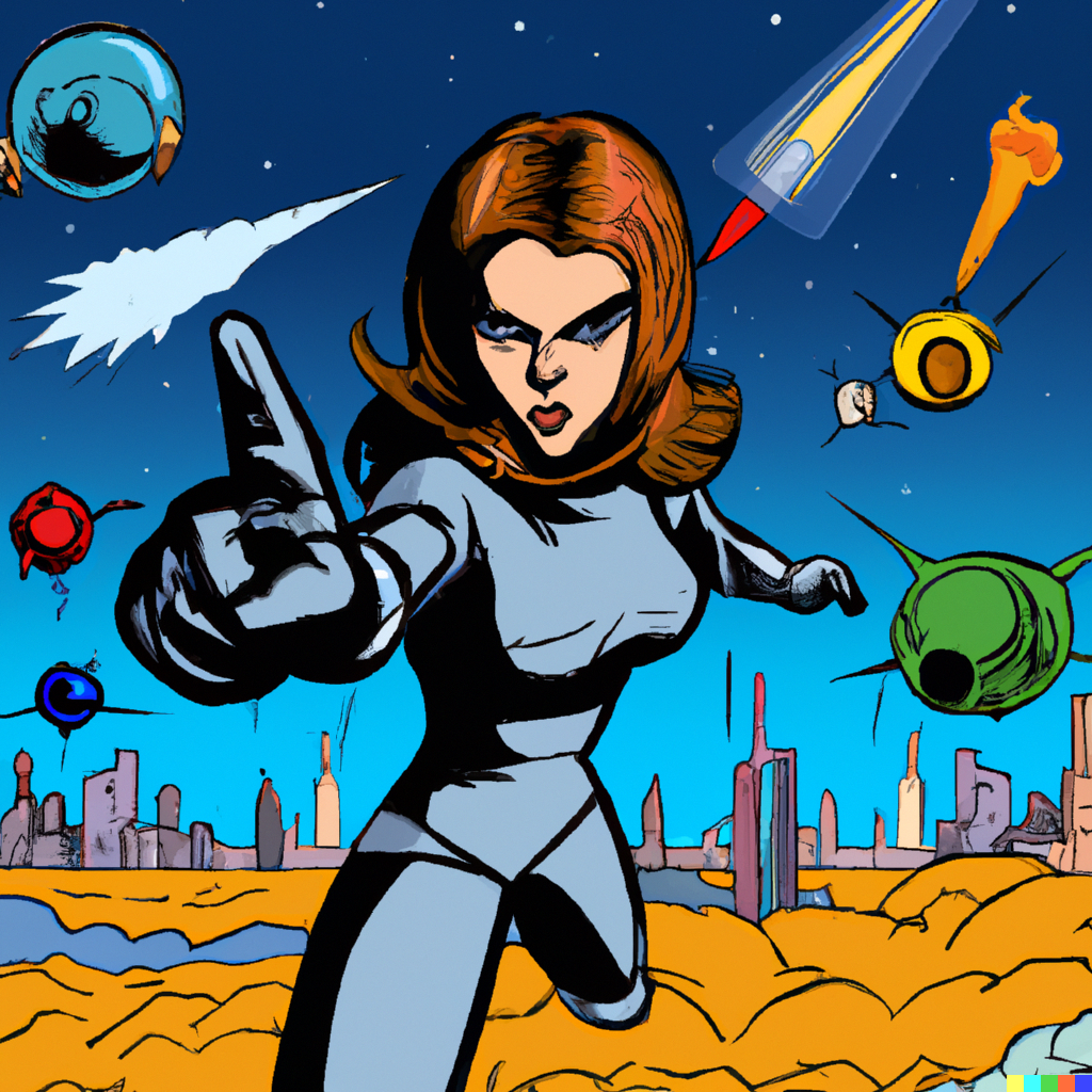 SPACE HEROINES, Heroine defending space against villains and space debris, comic style